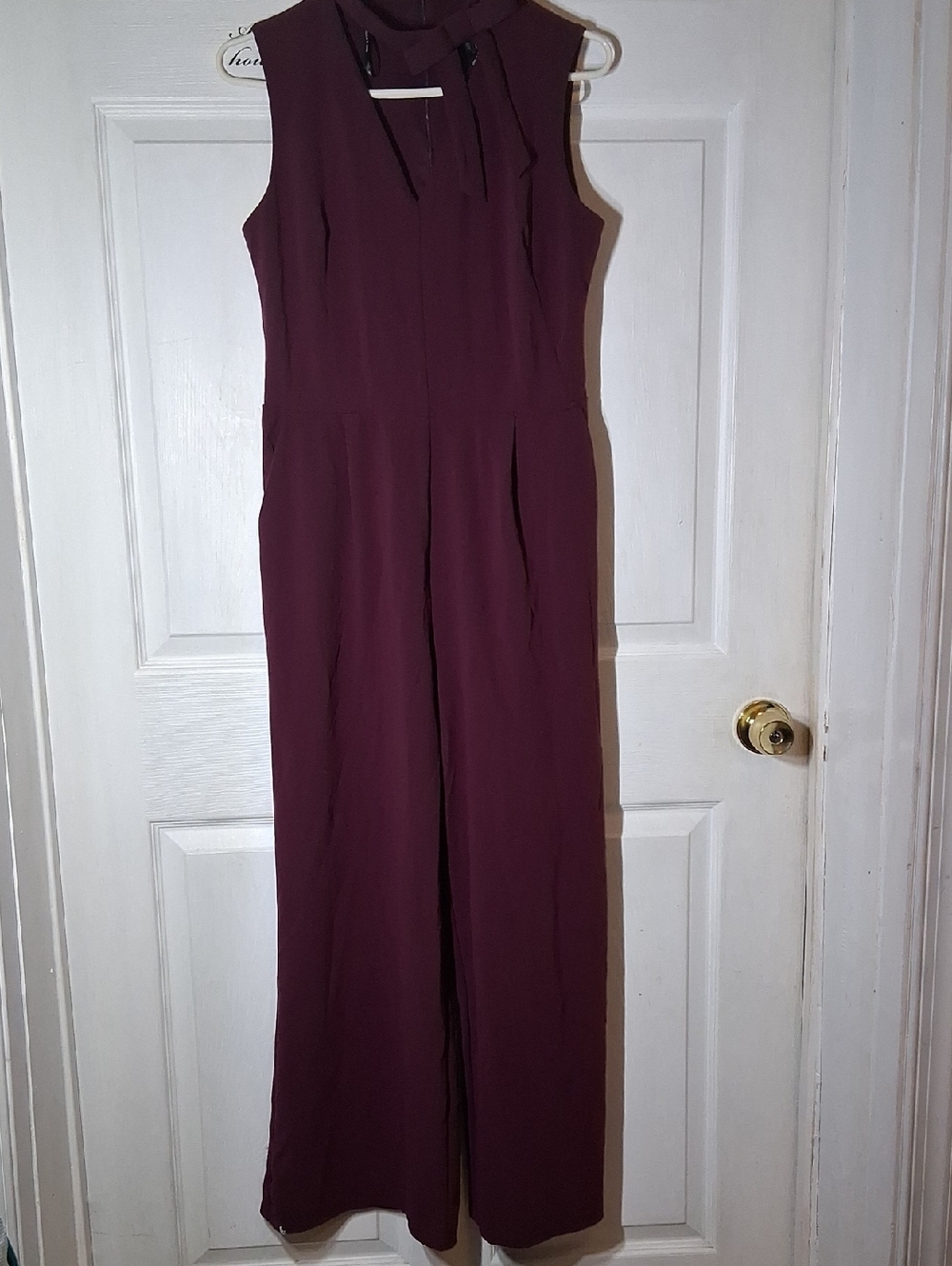 Sleeveless High-Neck With Bow Wide-Leg Jumpsuit in Deep Plum